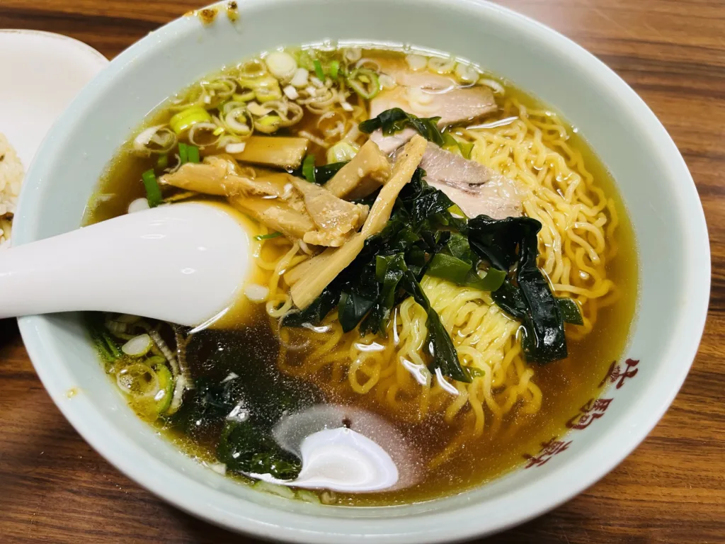 Soy sauce ramen with bamboo shoots, wakame seaweed and roasted pork